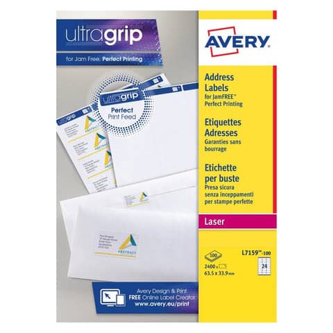 Etichette bianche per indirizzi AVERY Ultragrip? 63,5x33,9 mm - 24 et/foglio - stampanti laser cf. 100 fogli L7159-100
