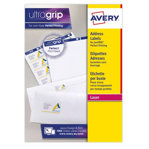 Etichette bianche per indirizzi AVERY Ultragrip? 63,5x38,1 mm - 21 et/foglio - stampanti laser - cf. 15 fogli L7160-15