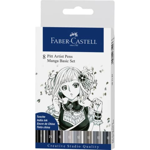 Penna inchiostro pigmentato Faber Castell Pitt Artist conf. 8 pezzi - Manga set grigio - 167107