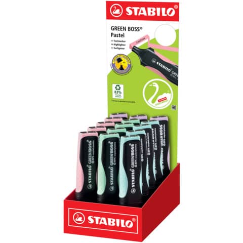 Espositore da banco 15 evidenziatori Stabilo Green Boss Pastel - colori assortiti - 6070/15-2