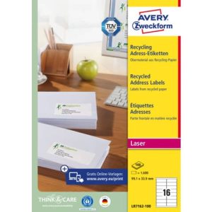 Etichette in carta riciclata bianca per buste e pacchi Avery 99,1x33,9 mm -16 et/foglio - Laser cf. 100 ff LR7162-100