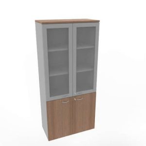 Armadio alto ante basse noce canaletto e alte in vetro telaio MDF scocca trama antracite 90x45xH.200 cm
