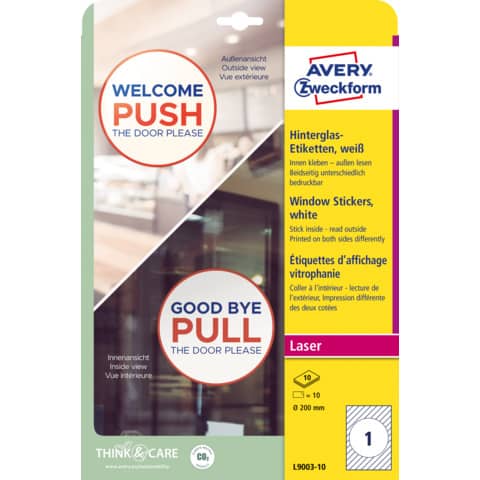 Adesivi tondi per finestre Avery in carta con pellicola plastificatrice in conf. da 10 pz Avery Ø200 mm - L9003-10