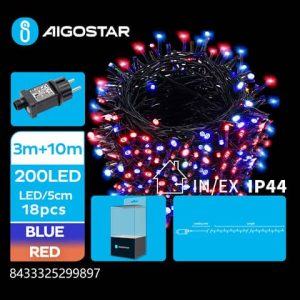 Catena luminosa per interni ed esterni a basso voltaggio Aigostar luce rossa e blu 10 m 200 led - 299897
