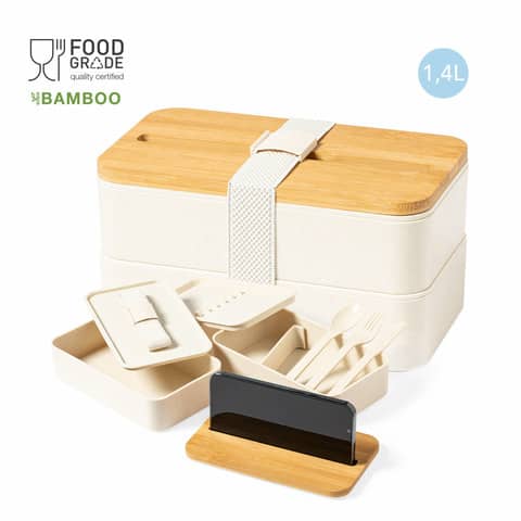 Lunch box Graftan a 2 scomparti con posate, porta smartphone e coperchio in bambù 1,4 L - 1479
