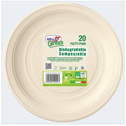 Piatti piani biodegradabili e compostabili Dopla Green avorio Ø 205 mm - conf. 20 pz - 11796