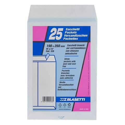 Busta a sacco Blasetti Self bianco - 80 g/m2 - in conf. 25 buste - 190x260 mm 536