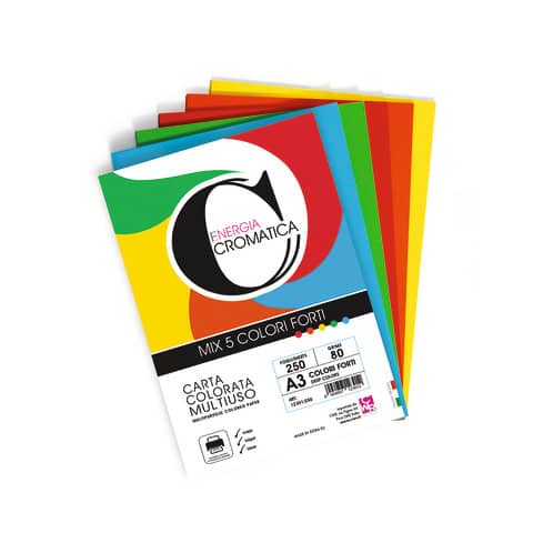 Carta colorata Deco Cromatica colori forti  formato A3 250 ff - 5 colori assortiti 80 gr - 12301/250