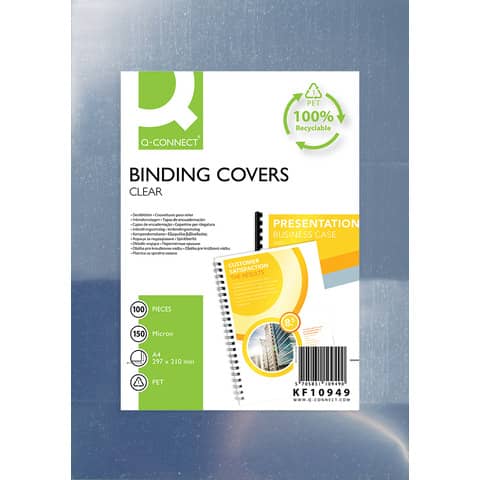 Copertine lucide per rilegatura Q-Connect in PET A4  150 micron - conf. 100 pezzi - KF10949