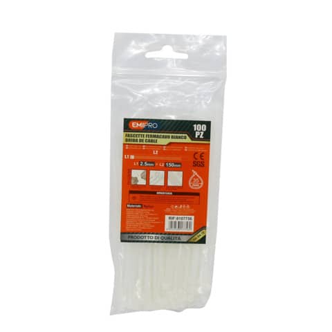 Fascette farmacavo in nylon Emi - 150x2,5 mm - colore bianco - conf. 100 pezzi - 8107756