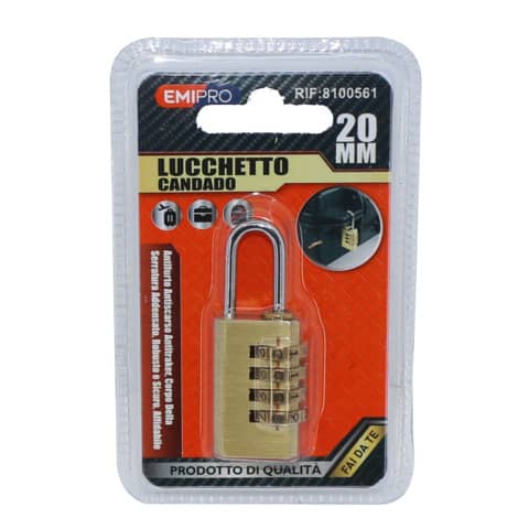Lucchetto da viaggio in ottone Emi con combinazione a 4 cifre - 20x35 mm - 8100561