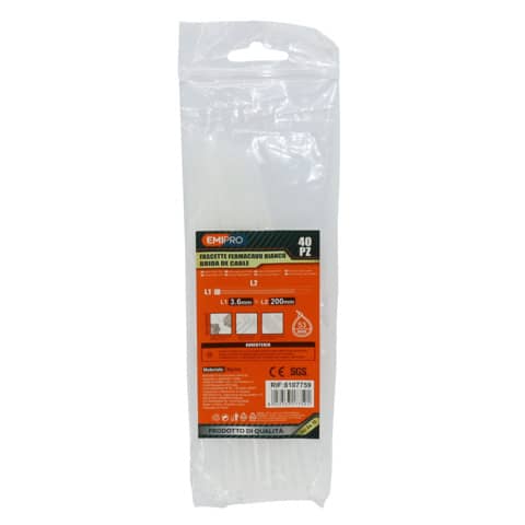 Fascette farmacavo in nylon Emi - 200x3,6 mm - colore bianco - conf. 40 pezzi - 8107759