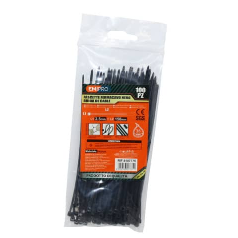 Fascette farmacavo in nylon Emi - 150x2,5 mm - colore nero - conf. 100 pezzi - 8107775