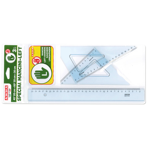 Set disegno 3 pezzi per mancini Arda 2 squadre 45°e 60° + 1 righello 30 cm 70420MAN