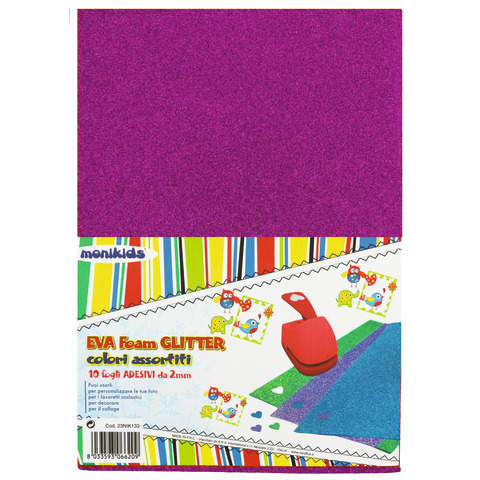 Foam in gomma Nikoffice EVA formato A4 colori assortiti glitterato adesivo - conf. 10 fogli - 23NIK133