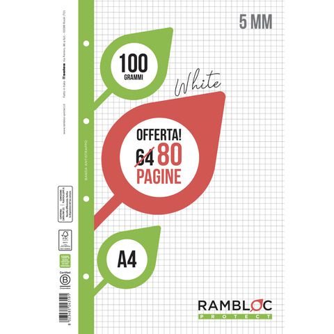 Ricambio quaderni ad anelli Rambloc formato A4 -32 ff + 8 ff 5 mm 90524319
