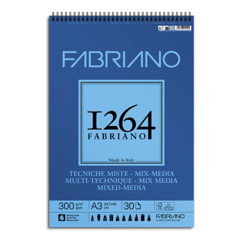 Blocco spiralato tecniche miste Fabriano 1264 - 300 g A3 - 30 fogli - 19100644
