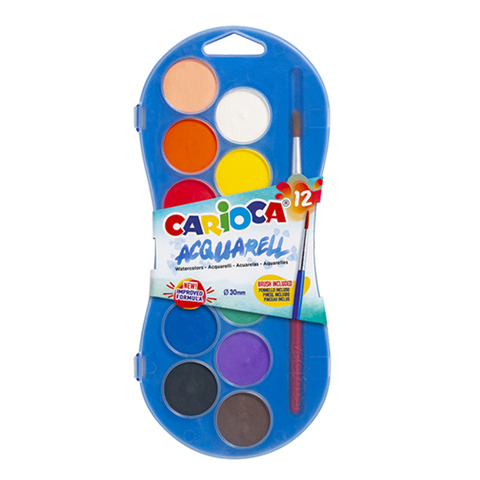 Astuccio acquerelli in pastiglia Carioca Ø 30 mm conf. da 12 colori assortiti - 42404