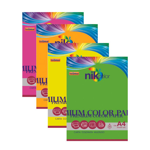 Carta colorata fluo formato A4 Nikoffice 4 colori assortiti fluo 80 g - 100 ff - 23NIK118