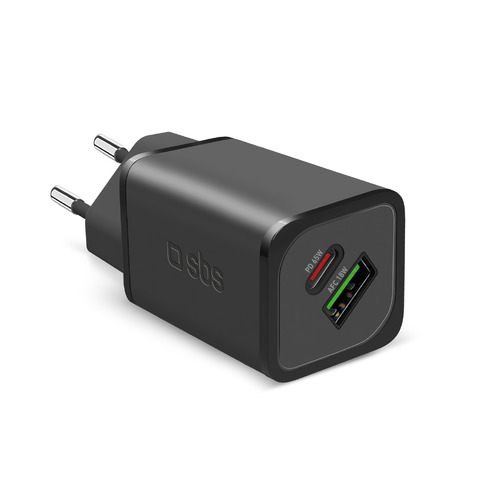 Caricatore da parete SBS GaN 65W 1xType C PD 65W+ 1xUSB AFC 18W  - GaN. Split 45W +18W - nero - TETRGANUSBCPD65W
