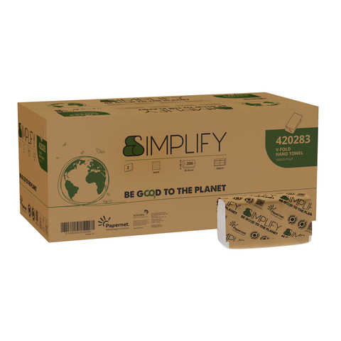 Asciugamano piegato a V Papernet Simplify in pura cellulosa 2 veli conf. 10 pz da 206 fogli bianco - 420283