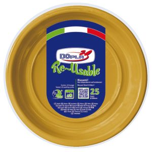 Piatti piani in PS Dopla Reusable Ø 220 mm oro - conf. 25 pz - 11858