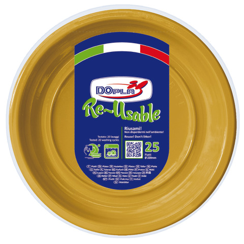 Piatti piani in PS Dopla Reusable Ø 220 mm oro - conf. 25 pz - 11858