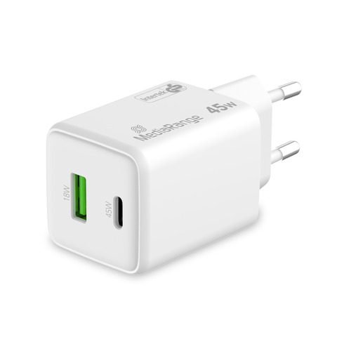 Caricabatterie rapido GaN 43W con uscita USB-A e USB-C Media Range bianco MRMA113-2