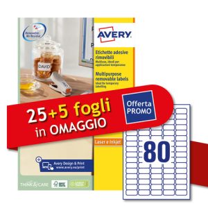 Etichette bianche rimovibili Avery laser/inkjet 80 et./foglio conf.25+5 ff OMAGGIO 35,6x16,9 mm - L4732REV-30P