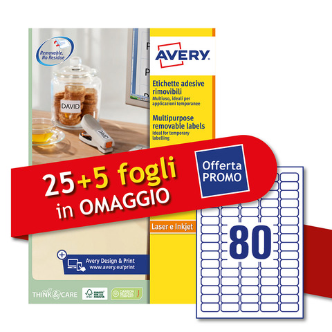 Etichette bianche rimovibili Avery laser/inkjet 80 et./foglio conf.25+5 ff OMAGGIO 35,6x16,9 mm - L4732REV-30P