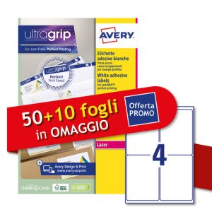 Etichette bianche Avery Ultragrip & Jamfree? adesivo permanente laser 4 et./foglio conf. 50+10 ff OMAGGIO