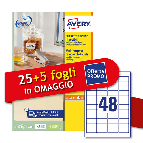Etichette bianche rimovibili Avery laser/inkjet 48 et./foglio conf.25+5 ff OMAGGIO 45,7x21,2 mm - L4736REV-30P