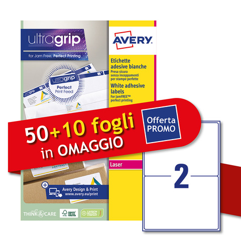 Etichette bianche Avery Ultragrip & Jamfree? adesivo permanente laser 2 et./foglio conf. 50+10 ff OMAGGIO