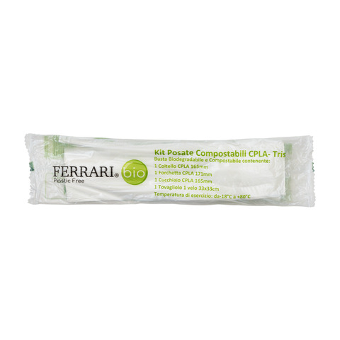 Kit di posate TRIS forchetta+coltello+cucchiaio+tovagliolo Ferrari Bio conf. 800 pz in CPLA FBIO02