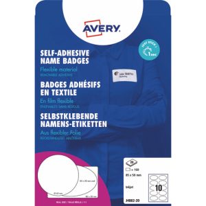Badge adesivi per tessuti ovali Avery 85x50 mm - 10 et/foglio - stampanti inkjet - Conf. 20 fogli - J4882-20