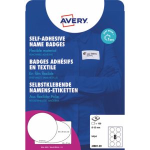 Badge adesivi per tessuti rotondi Avery Ø 65 mm - 8 et/foglio - stampanti inkjet Conf. 20 fogli -  J4881-20