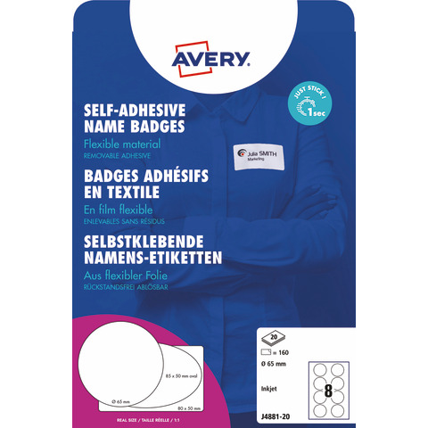 Badge adesivi per tessuti rotondi Avery Ø 65 mm - 8 et/foglio - stampanti inkjet Conf. 20 fogli -  J4881-20