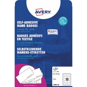 Badge adesivi per tessuti ovali Avery 85x50 mm - 10 et/foglio - stampanti laser - Conf. 20 fogli L4882-20