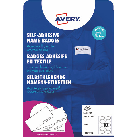Badge adesivi per tessuti ovali Avery 85x50 mm - 10 et/foglio - stampanti laser - Conf. 20 fogli L4882-20