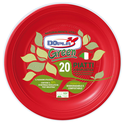 Piatti piani biodegradabili e compostabili Dopla Green Ø 220 mm - colore rosso - conf. 20 pz - 40037