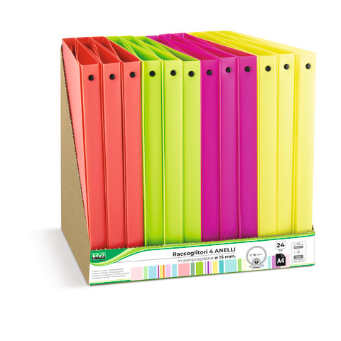 Espositore 12 raccoglitori 4 anelli Lebez in PP - A4 Ø 30 mm - colori neon assortiti - 80980