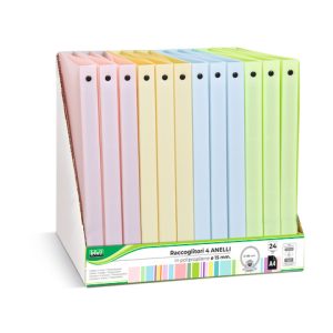 Espositore 12 raccoglitori 4 anelli Lebez in PP - A4 Ø 30 mm - colori pastello assortiti - 80982
