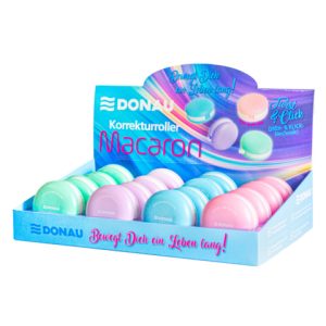 Espositore 16 correttori a nastro a forma di macarons Donau 5 mm x 6 m in 4 colori assortiti - 330410916