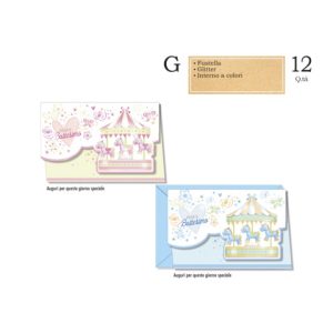 Biglietti augurali Battesimo Cromo assortiti in 2 soggetti giostra cavalli - conf. 12 pz - BT.8070
