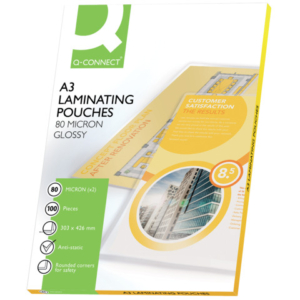 Pouches per plastificatrici Q-Connect 2x80 µm finitura lucida A3 Conf. 100 pezzi - KF04122