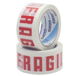 Nastro adesivo da imballo Vinyl SYROM formato 50 mm x 66 m - pvc bianco (stampa rossa ''fragile'') - 7621