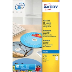 Etichette per CD AVERY patinate opache Ø 117 mm - 2 et/foglio - per Inkjet - copertura totale - cf. 25 fogli J8676-25