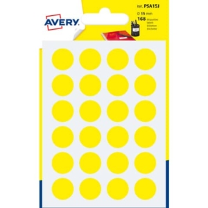 Etichette rotonde colorate AVERY giallo Ø 15 mm - 24 et/foglio - scrivibili a mano - bustina da 7 fogli - PSA15J