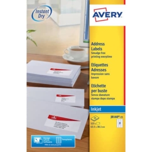 Etichette bianche per buste AVERY QuickDRY? 63,5x38,1 mm - 21 et/foglio - stampanti inkjet - cf. 25 fogli J8160-25