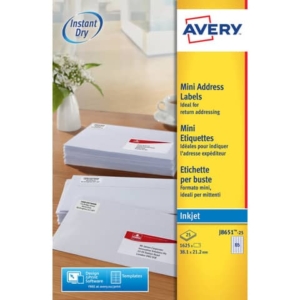 Etichette bianche per buste AVERY QuickDRY? 38,1x21,2 mm - 65 et/foglio - stampanti inkjet - cf. 25 fogli J8651-25